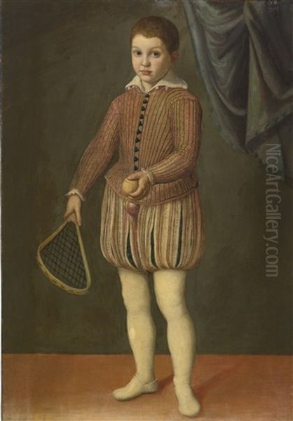 Portrait Of A Boy Holding A Tennis Racket And Ball, Wearing A Pink Slashed Doublet And Hose - view 1
