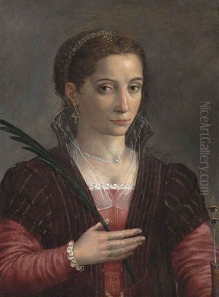Portrait Of A Lady, As Saint Lucy, Half-length, In A Red Embroidered Dress And Brown Mantle - view 1