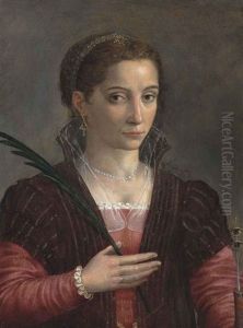 Portrait Of A Lady, As Saint Lucy, Half-length, In A Red Embroidered Dress And Brown Mantle by Sofonisba Anguissola