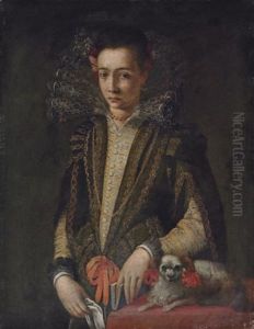 Portrait Of A Girl In A Black And Gold Embroidered Dress With A Lace Collar, A Book In Her Left Hand, A Handkerchief In Her Right by Sofonisba Anguissola