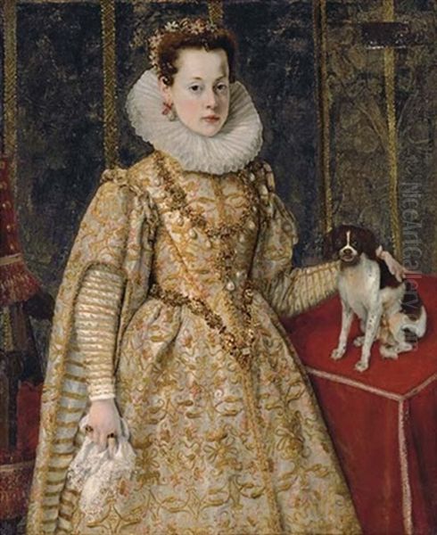 Portrait Of Margherita Of Savoy In A White Dress With Gold And Pink Brocade, With Flowers In Her Hair, Standing Next To A Table With A King Charles Cavalier Spaniel - view 1