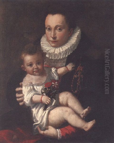 Portrait Of A Lady, Half Length, In Dress, Coat And Ruff Collar, With A Child, Holding A Sprig Of Flowers - view 1