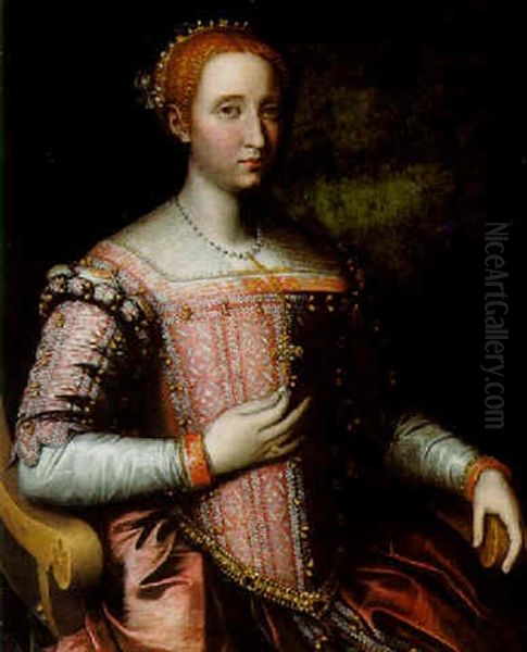 Portrait Of A Lady Wearing A Pink Dress Adorned With Pearls - view 1