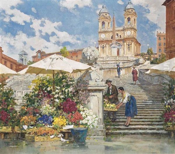 The Flower Seller On The Spanish Steps, Rome, With Trinita Dei Monti Beyond - view 1