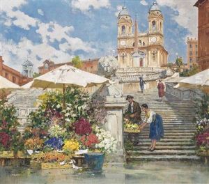 The Flower Seller On The Spanish Steps, Rome, With Trinita Dei Monti Beyond by Filippo Anivitti
