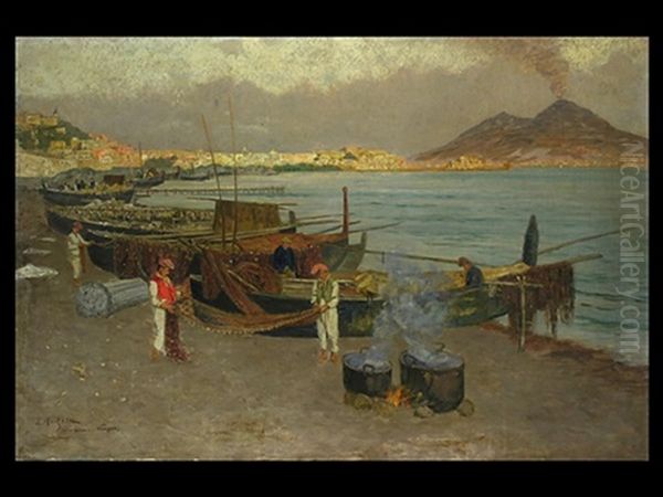 Golf Von Neapel Mit Fischern Am Strand, Im Hintergrund Rauchender Vesuv - view 1