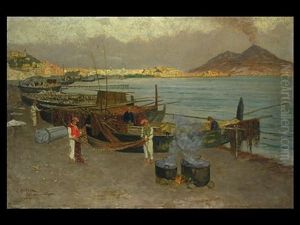 Golf Von Neapel Mit Fischern Am Strand, Im Hintergrund Rauchender Vesuv by Eugen Ankelen