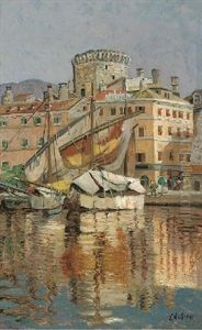 The Harbour At Spoleto, Italy by Eugen Ankelen