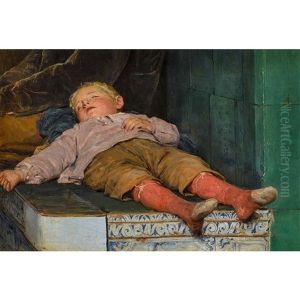Schlafender Knabe Auf Der Ofenbank by Albert Anker