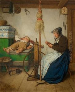 A Grandmother At A Spinning Wheel And A Sleeping Boy On An Oven Bench