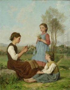 Drei Madchen Beim Kranzewinden by Albert Anker