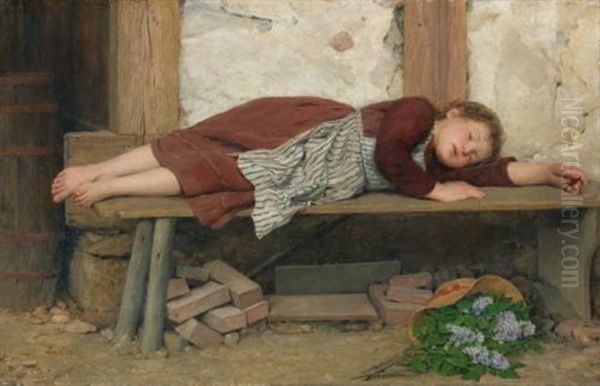Schlafendes Madchen Auf Einer Holzbank (sleeping Girl On A Wooden Bench) - view 1