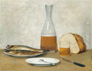 Stillleben: Heringe (still Life: Herrings) by Albert Anker
