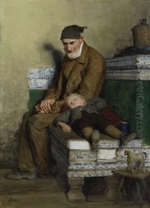 Der Alte Feissli Mit Kind Auf Ofenbank