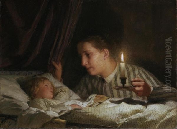 Junge Mutter, Bei Kerzenlicht Ihr Schlafendes Kind Betrachtend (young Mother Watching Her Sleeping Child By The Candlelight) - view 1