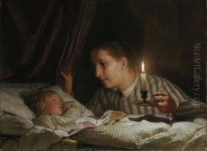 Junge Mutter, Bei Kerzenlicht Ihr Schlafendes Kind Betrachtend (young Mother Watching Her Sleeping Child By The Candlelight) by Albert Anker