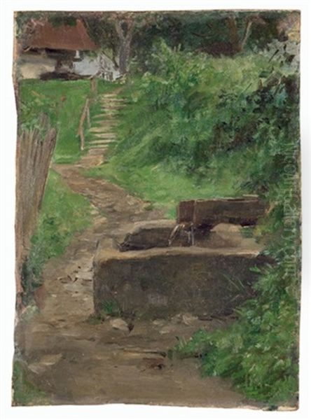 Quelle Mit Brunnentrog Im Garten (preliminary Study For Zwei Kinder Mit Wassereimer) - view 1