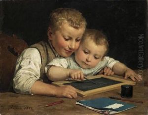 Zwei Kinder Mit Schiefertafel by Albert Anker