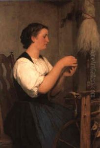 Junge Frau Am Spinnrocken