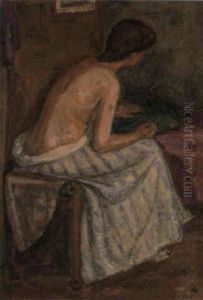 Femme Au Jupon Raye by Albert Anker