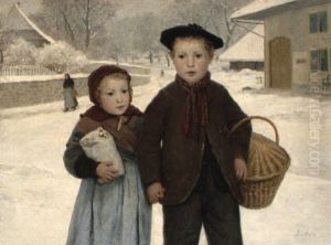 Zwei Kleine Botenganger Im Winter by Albert Anker