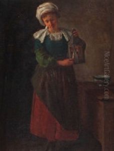 Junge Frau In Tracht Beim Anzunden Einer Laterne by Hermanus-Franciscus van den Anker