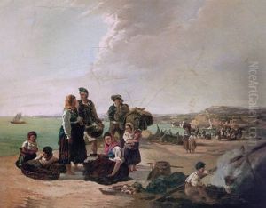 Fisherfolk On A Beach Before A Coastal Town by Thomas Jose Annunciacao