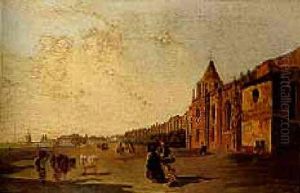 Figures And Cattle On A Street Before A Harbour Town by Thomas Jose Annunciacao