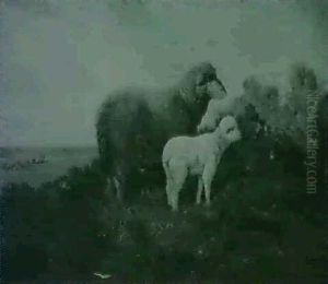 A Ewe With Her Lamb In A Landscape by Thomas Jose Annunciacao