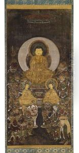 Buddhistische Malerei Mit Der Darstellung Des Buddha Shakyamuni Mit Begleitfiguren by Anonymous-Japanese (Muromachi)
