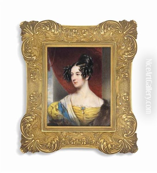 A Young Lady, In Yellow Dress With Brown Fur Stole And Blue-bordered White Scarf, Wearing A Sapphire And Drop-pearl-set Brooch At Corsage, Dark Hair Dressed In Ringlets; Red Curtain And Pillar Background - view 1