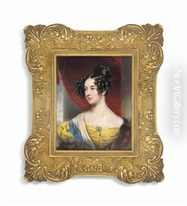 A Young Lady, In Yellow Dress With Brown Fur Stole And Blue-bordered White Scarf, Wearing A Sapphire And Drop-pearl-set Brooch At Corsage, Dark Hair Dressed In Ringlets; Red Curtain And Pillar Background by Alois Von Anreiter