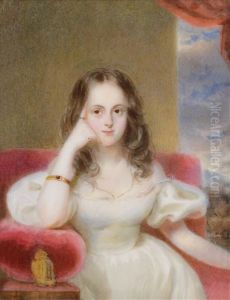 Bildnis Eines Madchens In Weisem Kleid, Auf Einem Roten Polstermobel Sitzend Vor Wolkenhintergrund by Alois Von Anreiter