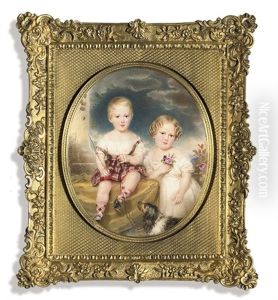Two Children, One Seated On A Mustard Coloured Table Covering, Dressed In Red And Grey Tartan Dress... Two Children, One Seated On A Mustard Coloured Table Covering, Dressed In Red And Grey Tartan Dress...