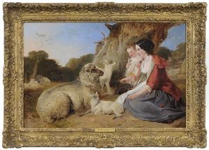 Shepherdess And Child Feeding Sheep by Richard Ansdell