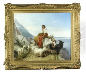 A Spanish Coastal Scene, With A Peasant Girl Upon A Donkey With A Goatherd Beyond