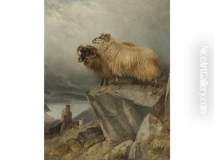 Sheep On A Crag With Ghillie And Dogs Below by Richard Ansdell