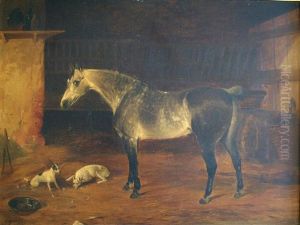 A Dappled Grey With Two Terriers In A Stable