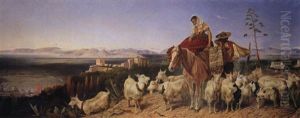 Spanische Hirten Mit Ziegen Und Pferd Uber Der Stadt Granada, Das Vegagebirge Im Hintergrund
