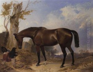 A Bay Hunter And A Dog In A Landscape by Richard Ansdell