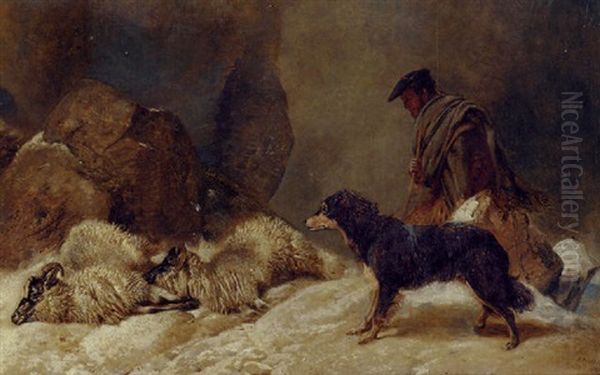 Lost: A Shepherd With A Dog And Sheep In A Snowy Landscape - view 1