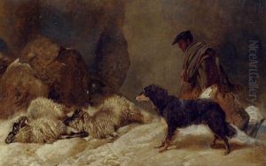 Lost: A Shepherd With A Dog And Sheep In A Snowy Landscape