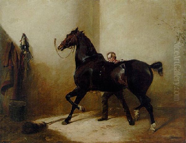A Groom Rubbing Down A Horse In A Stable - view 1