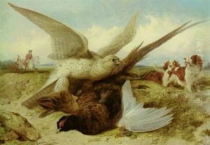 A Hawk Attacking A Pheasant, With Huntsmen And Spaniels Beyond by Richard Ansdell
