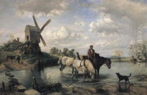 Landskap Med Hastekipage I Vattendrag I Bakgrunden Vaderkvarn. . . by Richard Ansdell