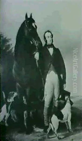 A Gentleman Standing With His Bay Hunter And Hounds, In An Open Landscape - view 1