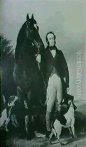 A Gentleman Standing With His Bay Hunter And Hounds, In An Open Landscape by Richard Ansdell