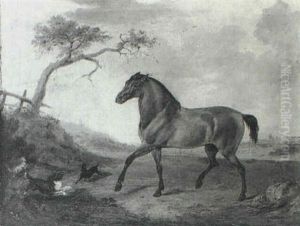 Portrait Of A Stallion And Three Dogs In An Open Landscape