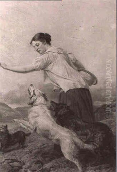 A Pretty Young Girl With Her Dogs In A Highland Landscape - view 1