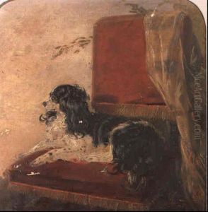 A King Charles Spaniel Seated Upon A Red Chair by Richard Ansdell